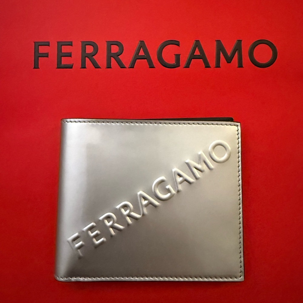 Ferragamo Men’s Silver Embossed Leather Bi-Fold Wallet